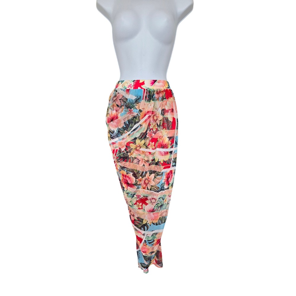 Jantzen Tropical Floral Chiffon Ruched Tulip Midi Skirt Sheer Sz S Beach Resort